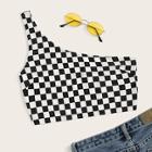 Romwe One Shoulder Checked Crop Top