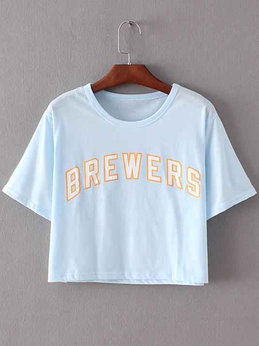 Romwe Blue Digital Eight Letters Print Casual T-shirt