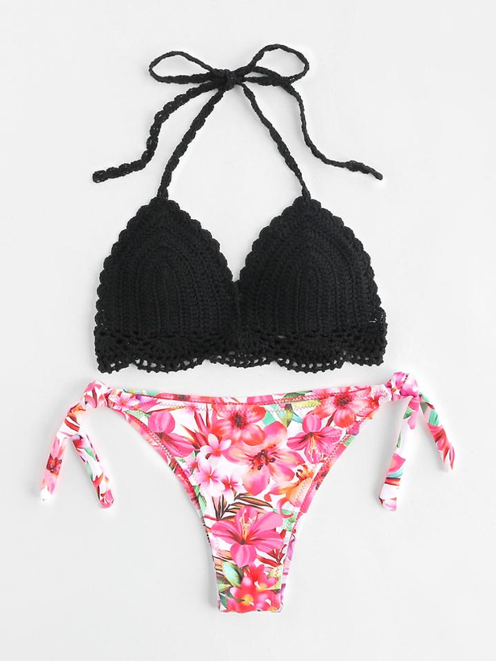 Romwe Calico Print Tie Side Crochet Bikini Set