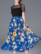 Romwe Blue Contrast Lace Print A-line Dress