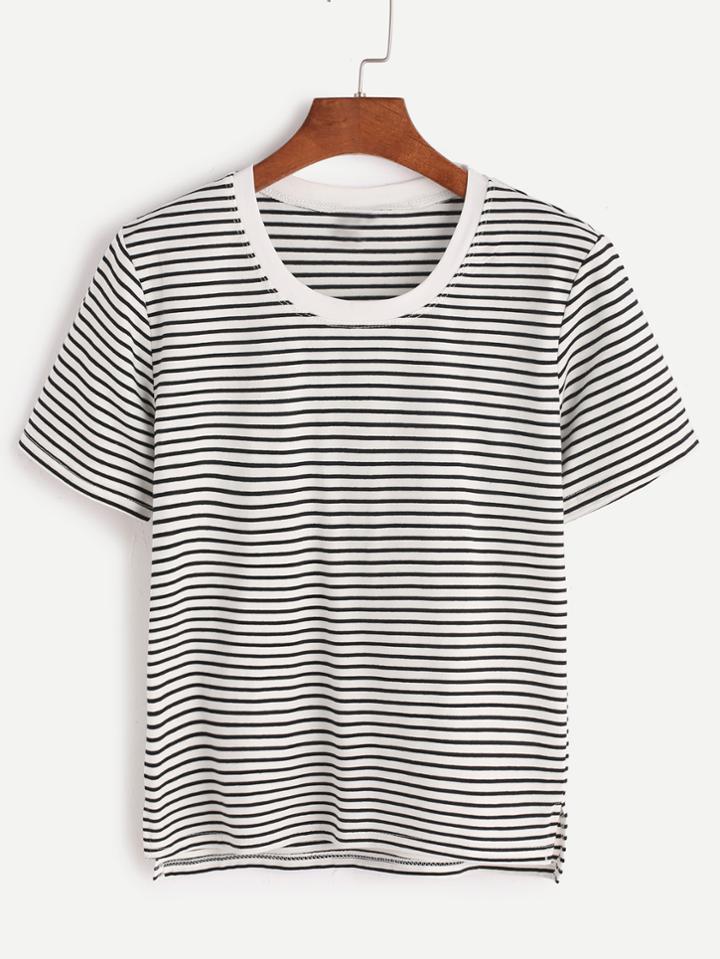 Romwe Contrast Trim Striped Dip Hem T-shirt
