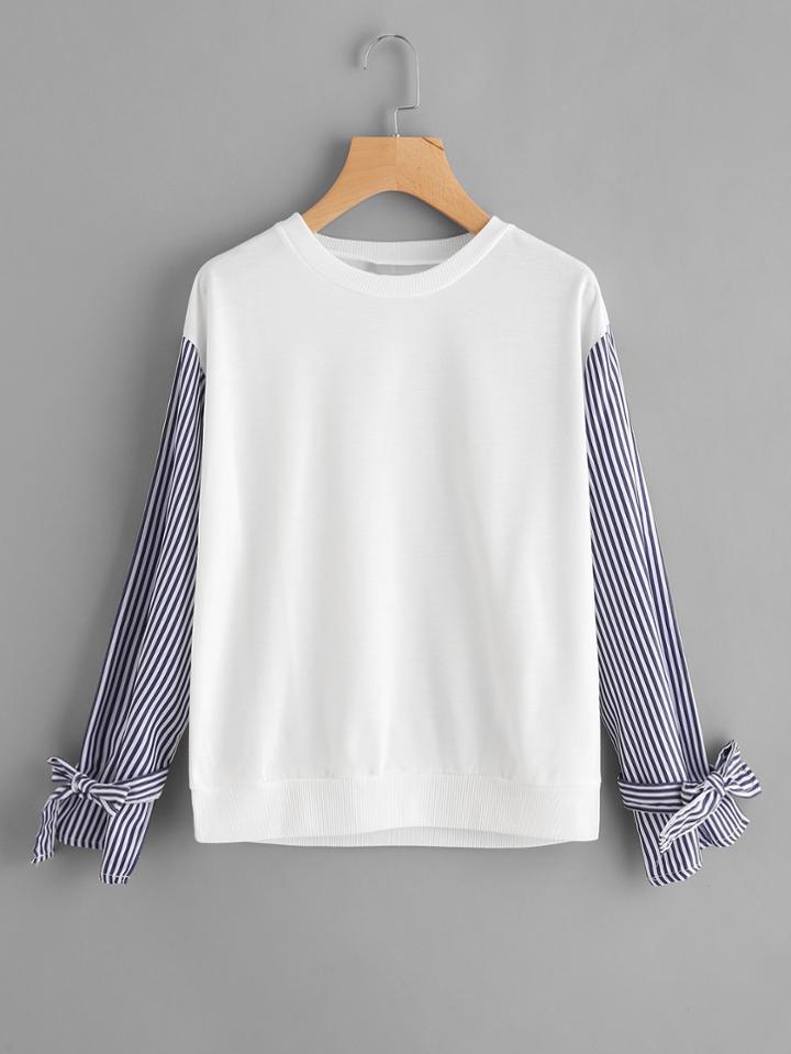 Romwe Contrast Striped Bow Tie Sleeve Tee