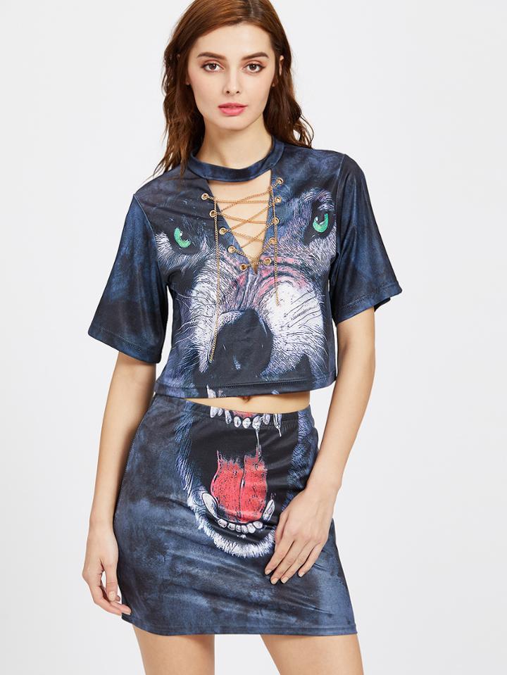 Romwe Tiger Print Eyelet Lace Up Top With Skirt
