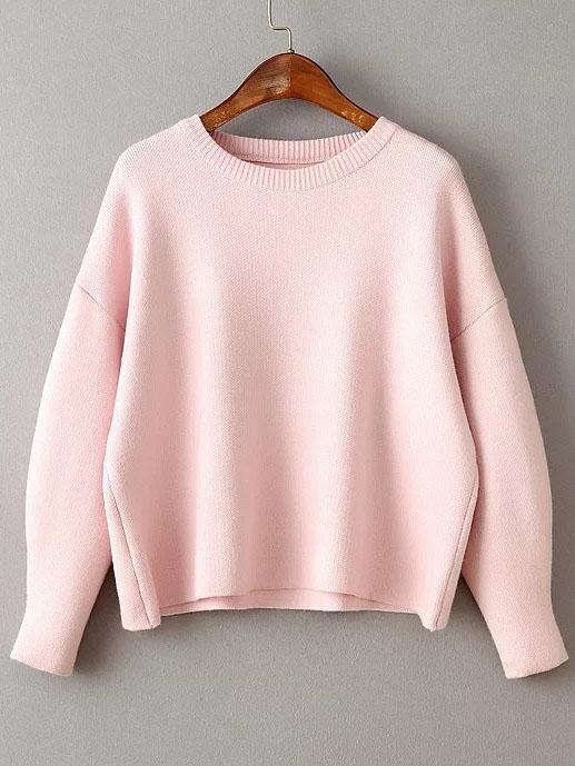 Romwe Pink Round Neck Ribbed Trim Drop Shoulder Knitwear