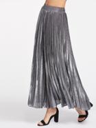 Romwe Silver Metal Elastic Waist Pleated Skirt