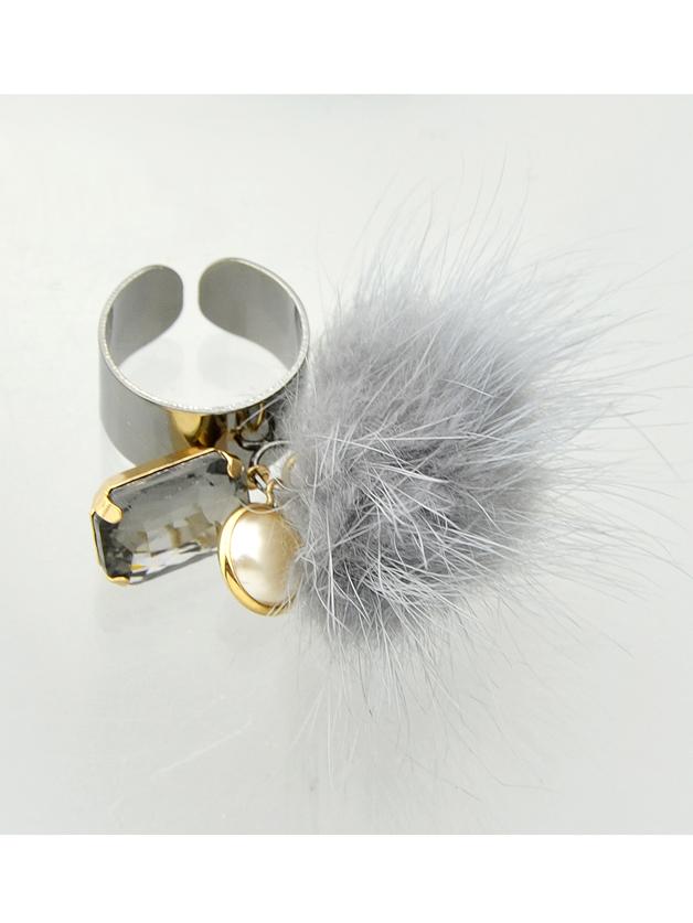 Romwe Gary Color Fake Fur Rhinestone Cuff Rings