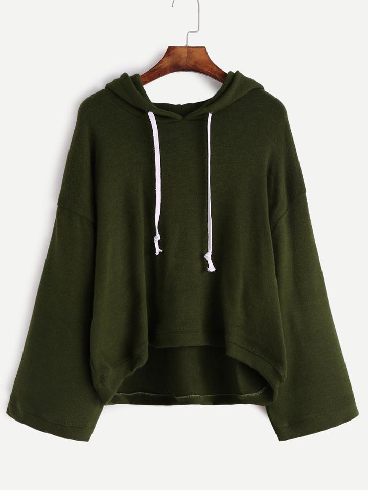 Romwe Dark Green Drop Shoulder Drawstring Hooded Sweater