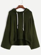 Romwe Dark Green Drop Shoulder Drawstring Hooded Sweater