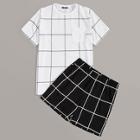 Romwe Guys Pocket Patched Grid Top And Shorts Pj Set