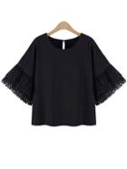 Romwe Black Bell Sleeve Buttoned Keyhole Back Chiffon Blouse