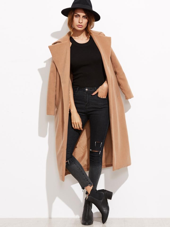 Romwe Camel Oversized Collar Open Front Coat