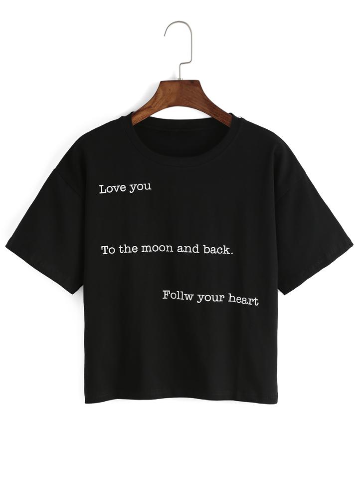 Romwe Black Letters Print Loose T-shirt
