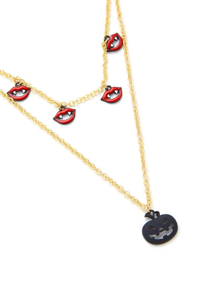 Romwe Pumpkin & Lips Design Pendant Chain Necklace