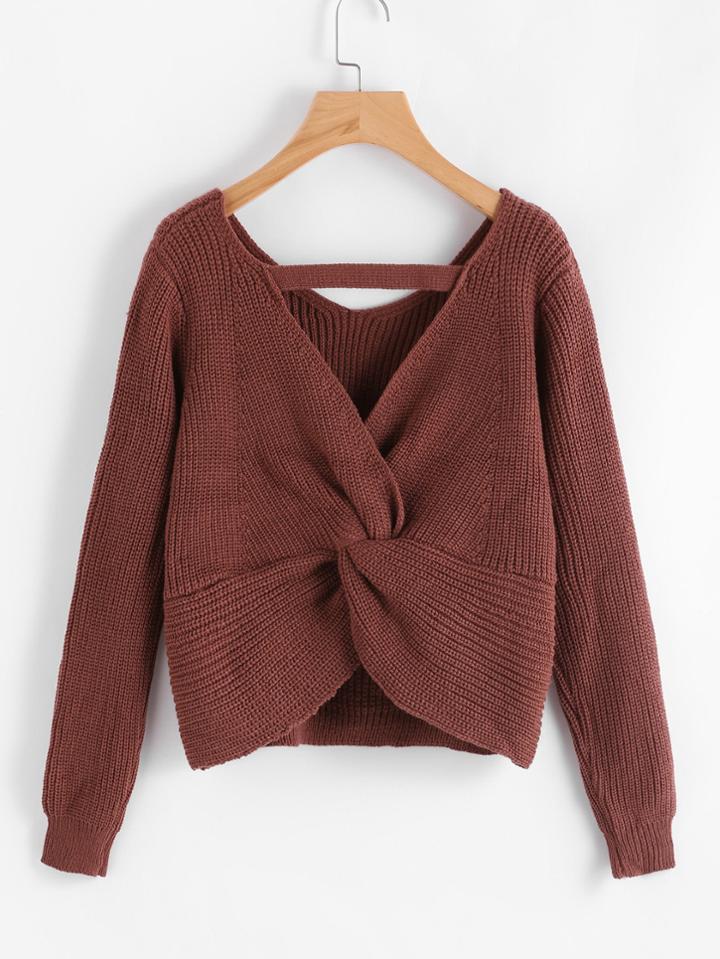 Romwe Twist Back Crop Sweater