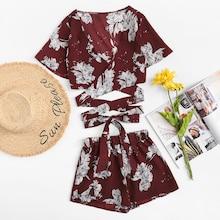 Romwe V Neckline Knot Hem Floral Top With Shorts