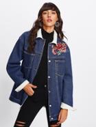 Romwe Rose Embroidered Patch Shearling Lined Jacket