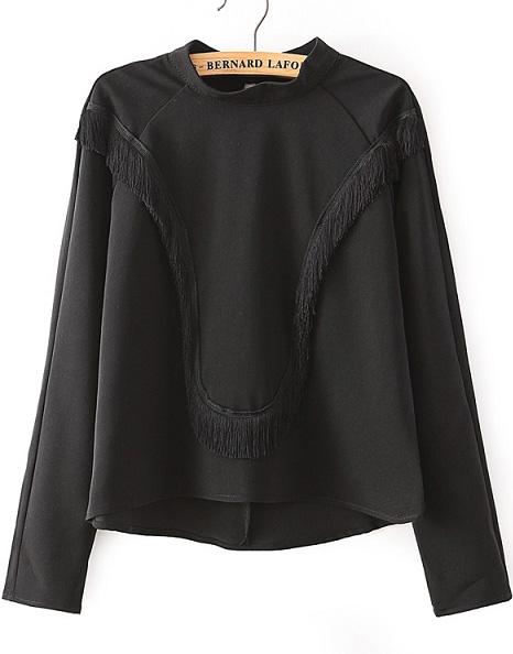 Romwe Black Stand Collar Tassel Crop Blouse