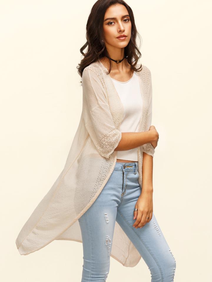 Romwe Apricot Three Quarter Sleeve Long Cardigan