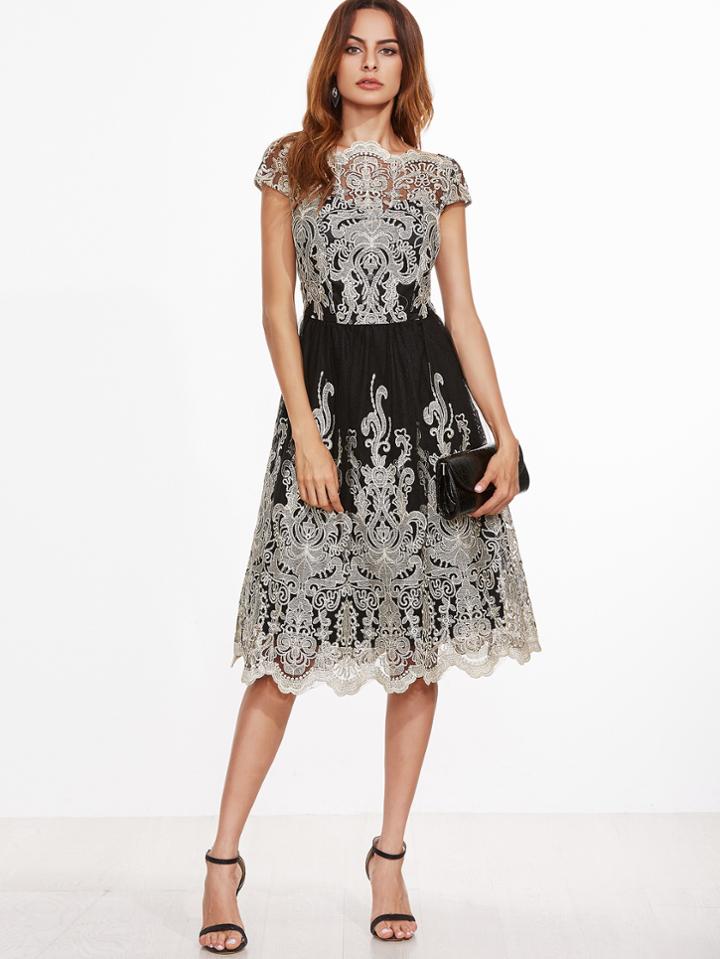 Romwe Contrast Fit And Flare Embroidered Mesh Dress
