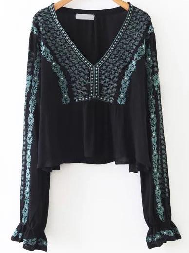 Romwe Black Tribal Embroidery V Neck Blouse