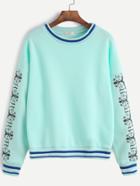Romwe Pale Green Sleeve Print Striped Trim Drop Shoulder Sweatshirt