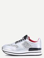 Romwe Grey Pu Bling Sequins Lace Up Flatform Sneakers