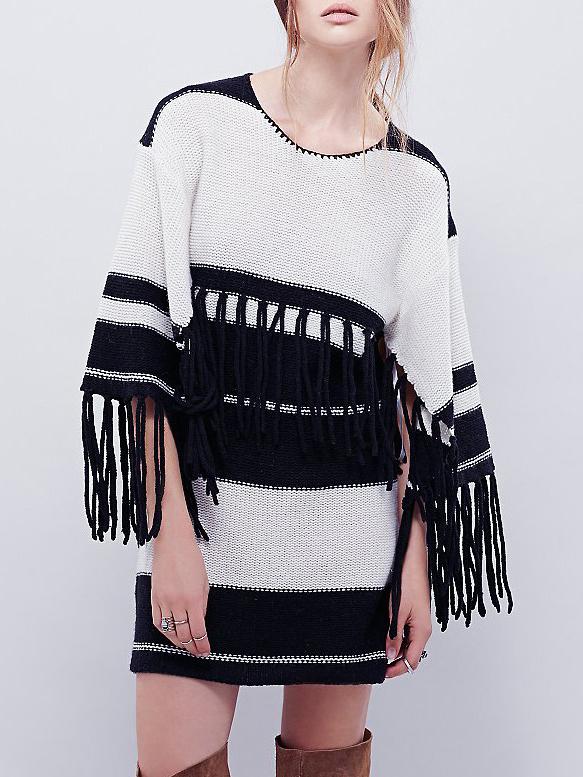 Romwe Black White Tassel Pullover Sweaters