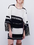 Romwe Black White Tassel Pullover Sweaters