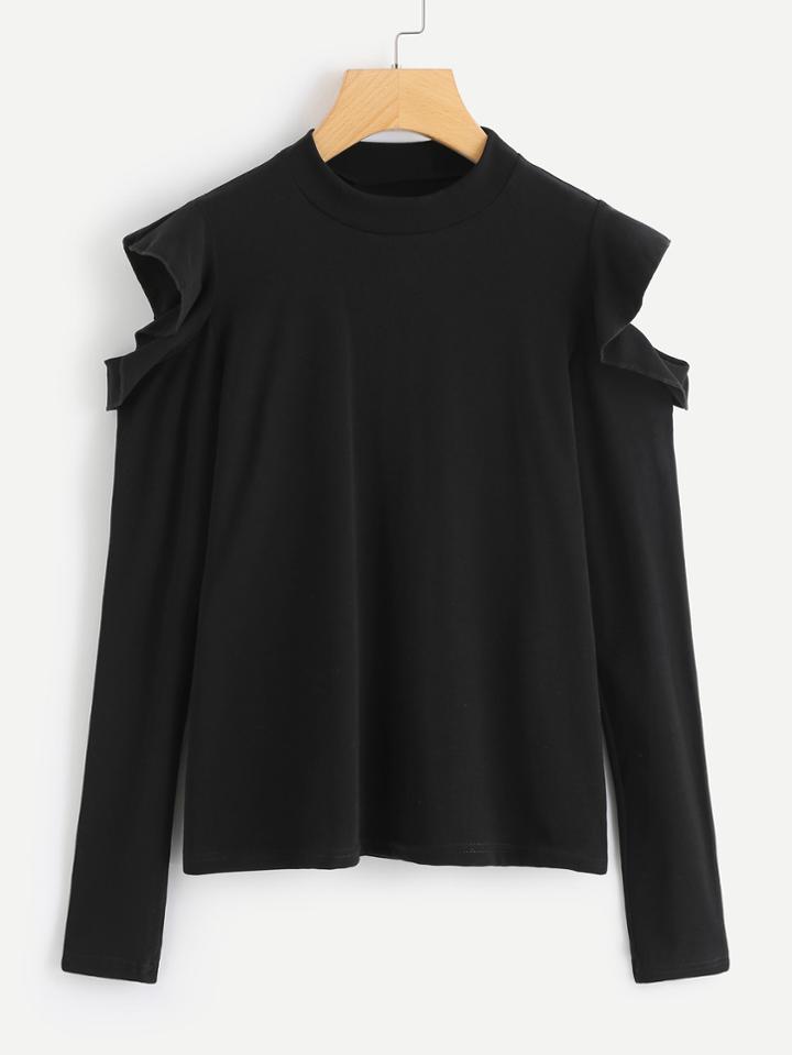 Romwe Cold Shoulder Ruffle Trim Tee
