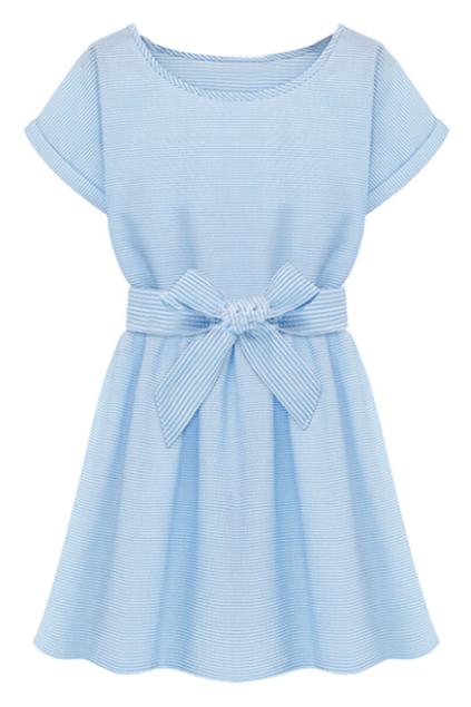 Romwe Self-tie Bowknot Rolled-cuffs Striped Light-blue Dress