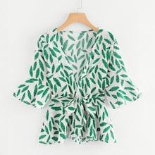 Romwe Leaf Print Self Tie Waist Top