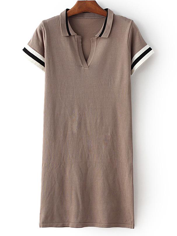 Romwe Khaki Lapel Stripe Trim T-shirt