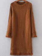 Romwe Brown Raglan Sleeve Fringe Trim Sweater Dress
