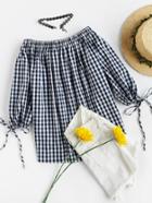 Romwe Drawstring Lantern Sleeve Off Shoulder Gingham Top