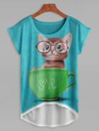 Romwe Blue Teacup Cat Print High Low T-shirt