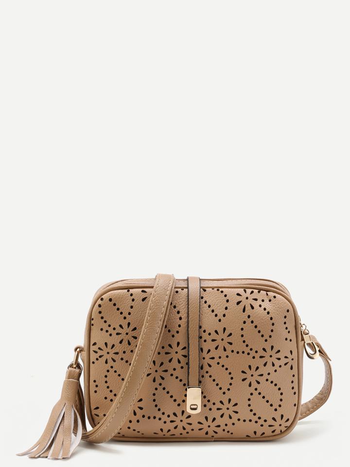 Romwe Laser Cut Crossbody Bag With Tassel