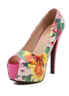 Romwe Rose Red Florals High Heeled Peep Toe Pumps