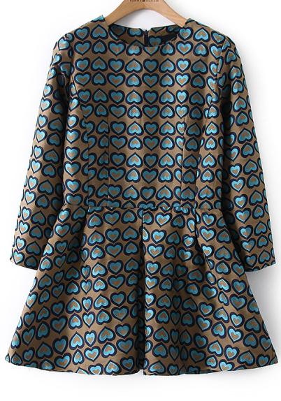 Romwe Khaki Long Sleeve Hearts Print Dress