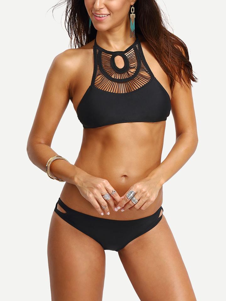 Romwe Halter Macrame Neck Bikini Set - Black