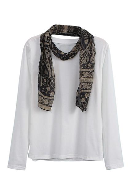 Romwe Sheer White With Scarf Long Sleeved T-shirt