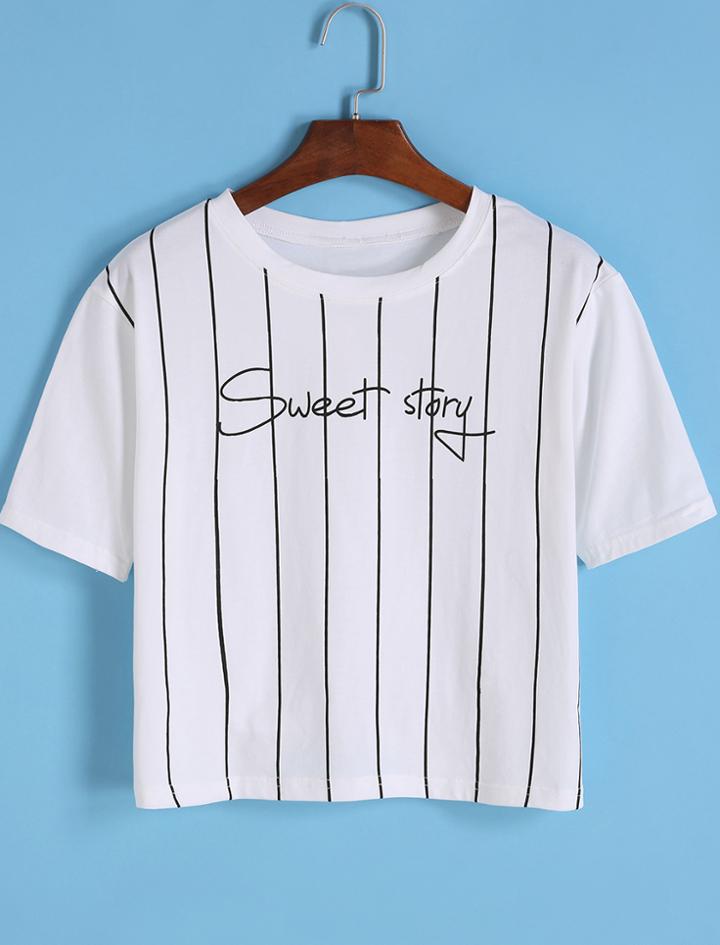 Romwe Letter Print Vertical Striped White T-shirt