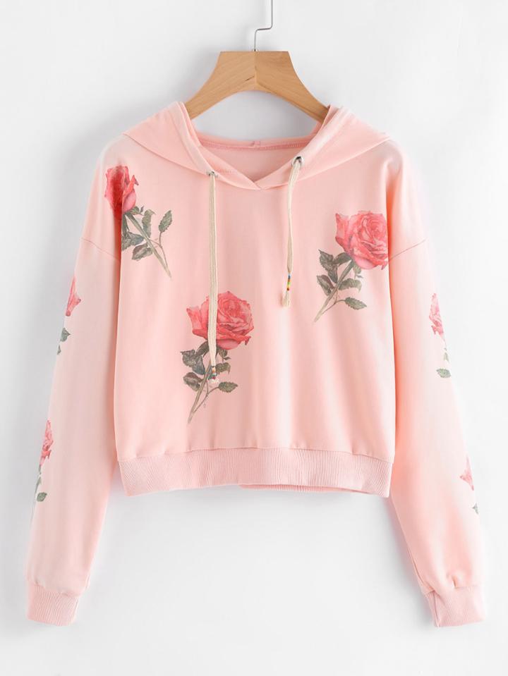 Romwe Rose Print Random Hoodie