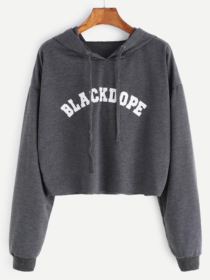 Romwe Grey Letter Print Dropped Shoulder Hooded Sweatshirt