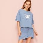 Romwe Denim Fringe Cuff Top With Button Detail Skirt