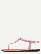 Romwe Pink Pearl Decorated Buckle Strap Flip Sandals