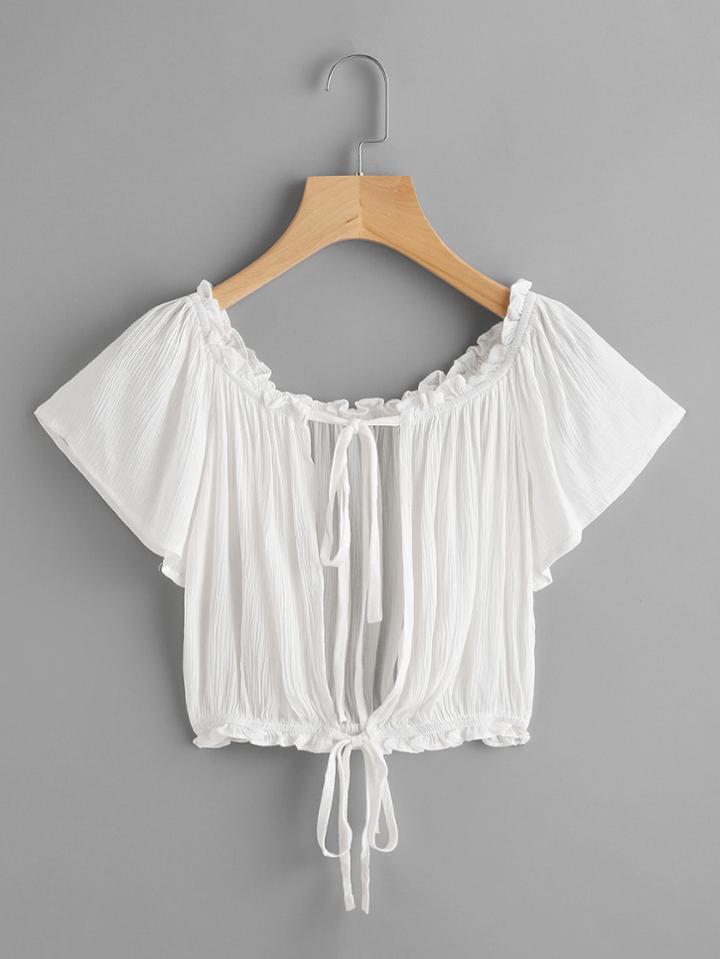 Romwe Lettuce Edge Trim Self Tie Open Back Blouse