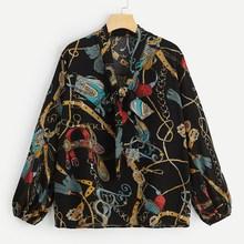 Romwe Plus Tie Neck Chain Print Blouse