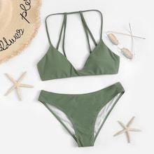 Romwe Ruched Strappy Plain Bikini Set