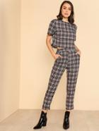 Romwe Plaid Crop Top & Elastic Waist Pants Set