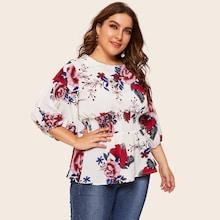 Romwe Plus Floral Print Shirred Blouse